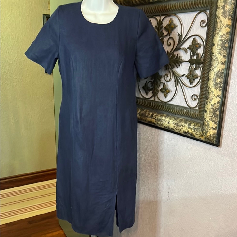 VTG Rebecca Thomas Blue Sheath Midi Dress with Slit - linen - lined  Sz 8